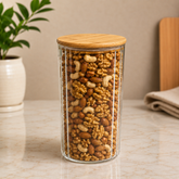 Transparent Storage Jar with wooden bamboo Lid, Round Shape, Clear, Large - Habitt