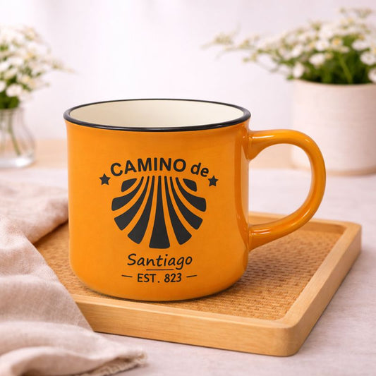 Camino de Santiago Enamel-Style Ceramic Mug – Travel-Inspired Coffee & Tea Cup in yellow