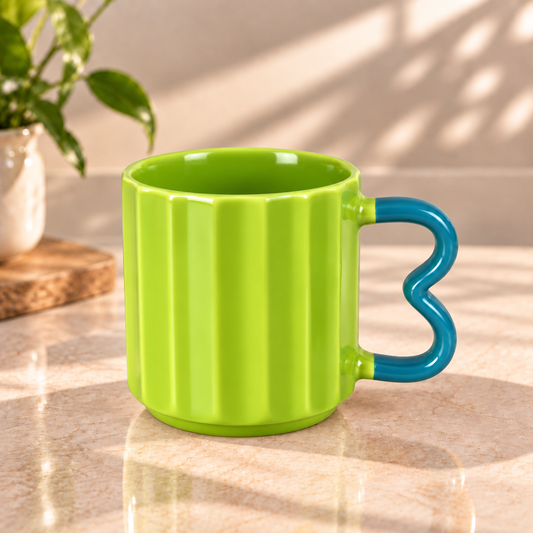 Colourful Ribbed Ceramic Coffee Mug with Creative Handle – Modern Tea & Coffee Cup