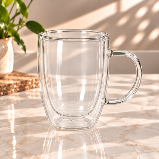 Double Glass Mug 450ml | Transparent Glass Coffee & Tea Mug for Beverages