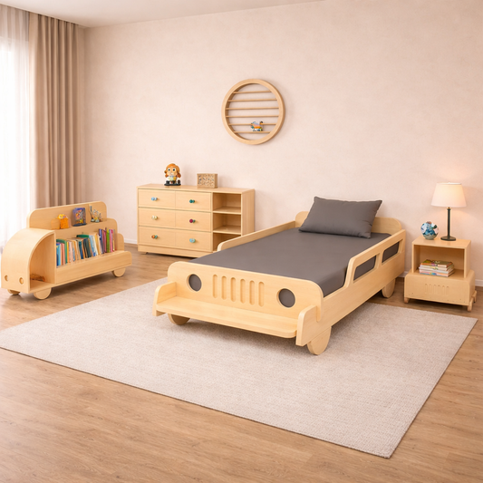 Wooden Cart Bed Set – Kids Bed with Chest of Drawers & Bookshelf