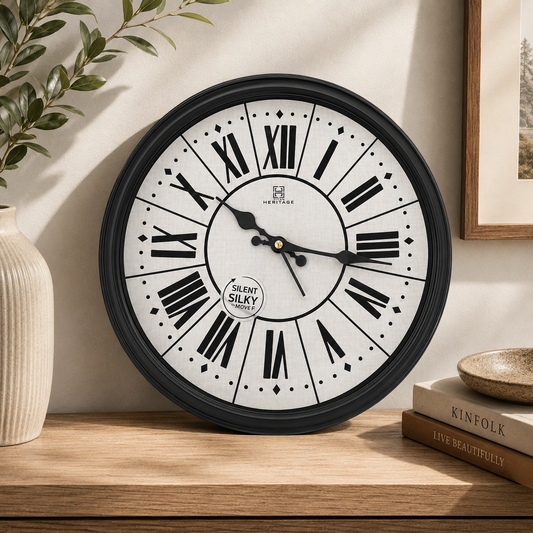 Heritage 14.5-Inch Vintage Roman Numeral Wall Clock – Classic Black Frame, Silent Sweep Movement, Antique Style Home Décor