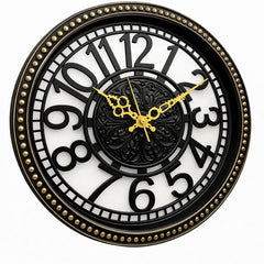 Heritage Retro Wall Clock 15 Inch – Black & Gold Vintage Design with Ornate Center and Raised Numerals (Plastic)