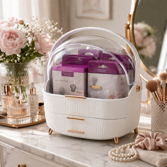 Dustproof Cosmetic Storage Box with Drawer – Elegant Makeup Organizer with Transparent Cover (White) - Habitt