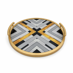 Luxury Geometric Pattern Round Serving Tray – Modern Black, Grey & Gold Decorative Tray with Handles