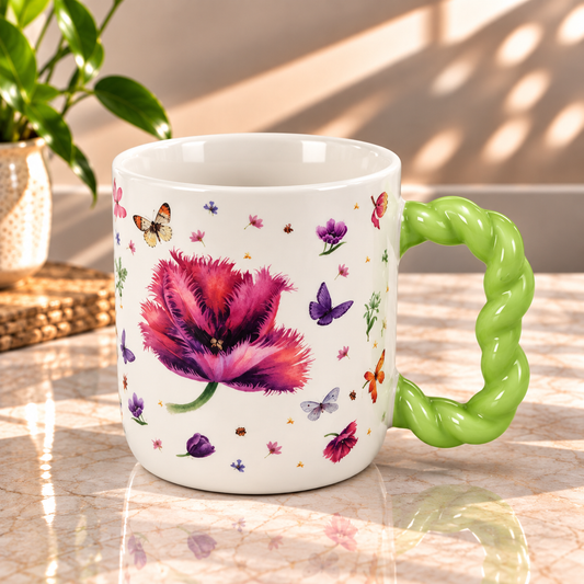 Floral Mug with Green Twisted Handle – 500ml Orange Flower & Butterfly Design Mug