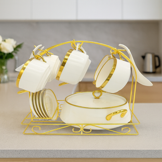 Luxury Soup Set with Stand – 22 Pieces | White, Black, Pink & Green