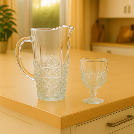 Elegant Cut-Glass Water Set – 7-Piece Set (1.2 L Jug + 340 mL Stemmed Glasses)