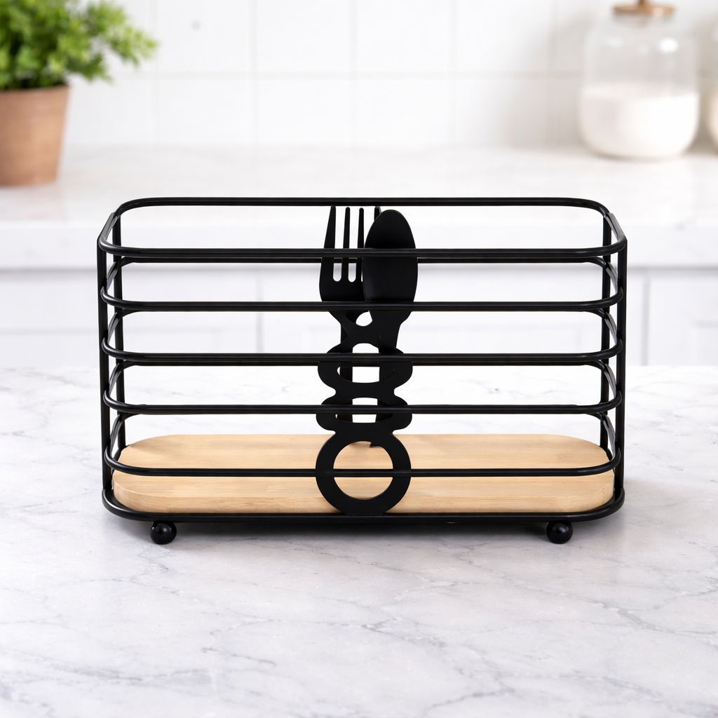 Modern Black Spoon Stand – Decorative Metal Cutlery Holder with Wooden Base - Habitt