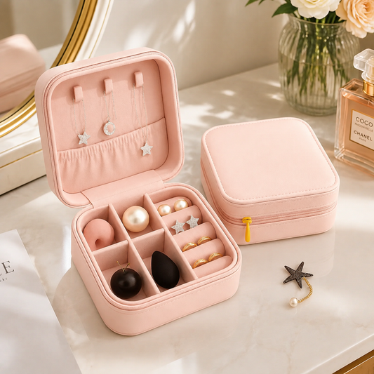 1Pc Elegant Travel Jewelry Box Organizer Pink – Compact PU Leather Storage Case for Earrings, Rings & Necklaces