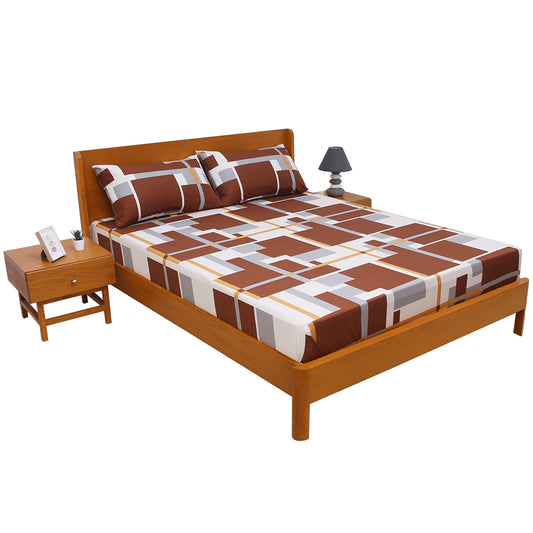 Pretty Double Bed Sheet (90x96) with 2 Pillow Covers – 100% Cotton Geometric Print in Brown, Grey & Mustard