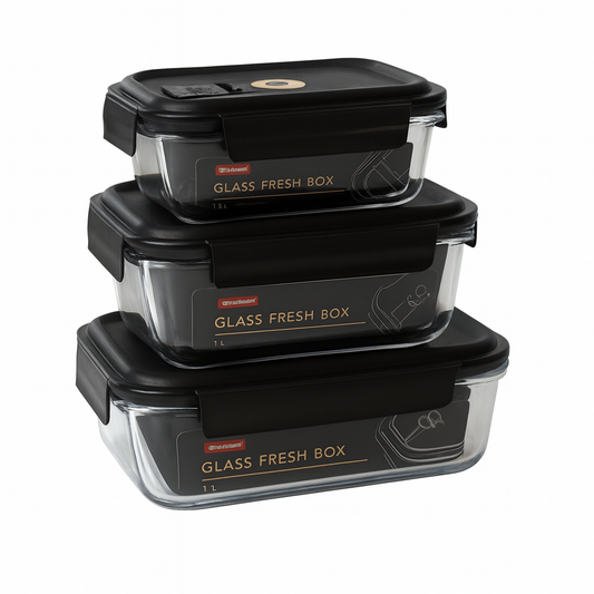 Glass Storage Box Set with Black Airtight Lids – 630ml, 1000ml, 1500ml