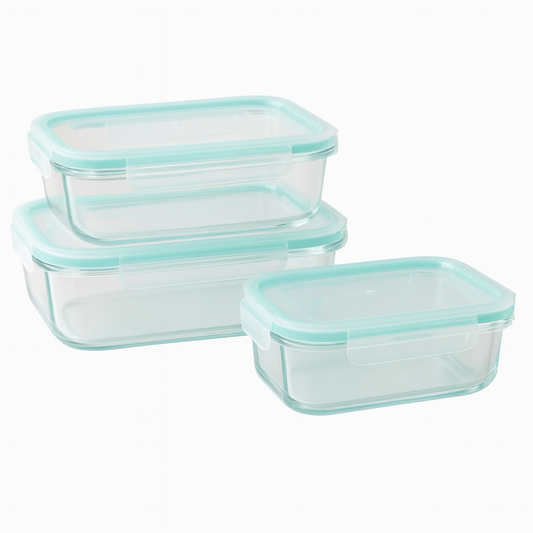 Glass Food Storage Container Set – Leak-Proof with Aqua Snap-Lock Lids (410ml, 680ml, 1040ml)