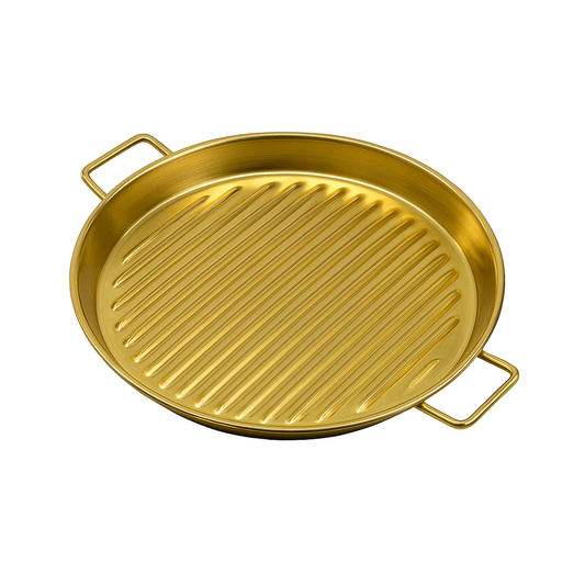 Golden Steak Style Platter – Ribbed Stainless Steel Grill Plate for Serving & Presentation (Available in 7.5 inch or 8.5 inch)