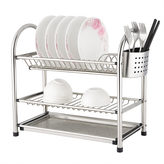 22-Inch Stainless Steel Three-Layer Plate Rack – Heavy-Duty Dish Drying Stand with Cutlery Holder & Drain Tray