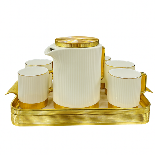 Elegant Ceramic Tea Set with Golden Round Tray – Luxury 7-Piece Tea & Coffee Set for Home, Office & Gifting