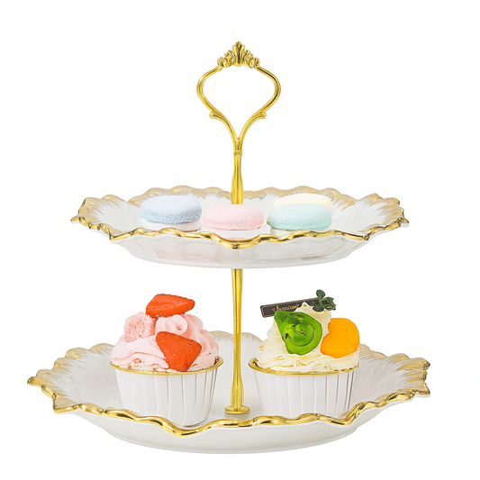 2-Tier Pastry Stand with Gold Trim – Elegant Dessert & Cupcake Display Tray