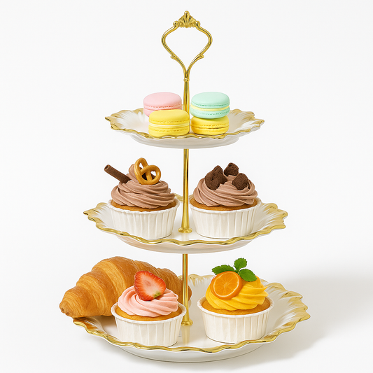 3-Tier Pastry Stand with Gold Trim – Elegant Dessert & Cupcake Display Tray