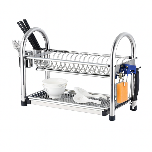 21-Inch Stainless Steel Double-Layer Plate Rack – Durable Dish Drying Stand with Cutlery Holder & Drain Tray