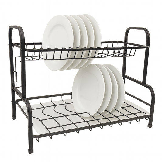 2-Tier Metal Plate Rack Stand – Heavy-Duty Black Dish Drying & Storage Organizer