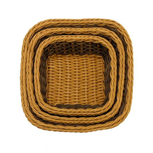 3-Piece Handwoven Rectangular Cane Bread Basket Set – Natural Brown Rattan Serving Baskets for Dining, Kitchen & Restaurant Use
