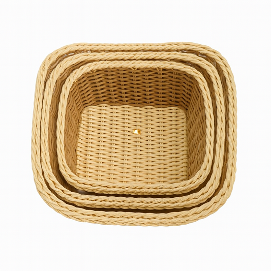 3-Piece Handwoven Rectangular Cane Bread Basket Set – Natural Beige Rattan Serving Baskets for Dining, Kitchen & Café Use