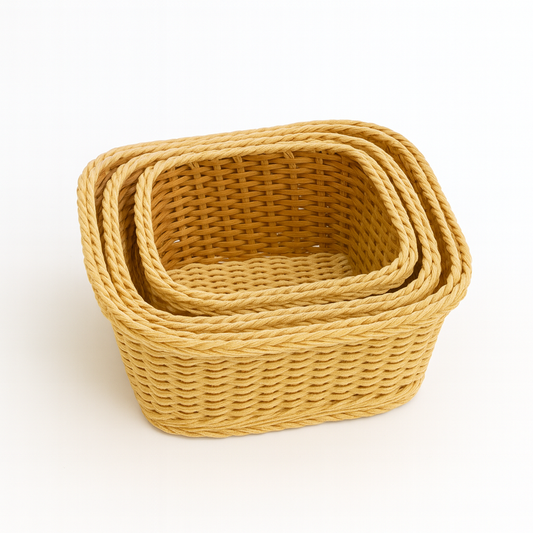 3-Piece Handwoven Rectangular Cane Bread Basket Set – Natural Beige Rattan Serving Baskets for Dining, Kitchen & Café Use