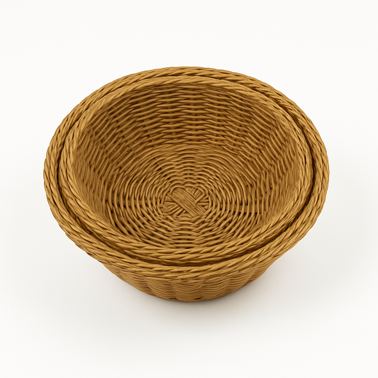 3-Piece Handwoven Round Cane Bread Basket Set – Natural Brown Rattan Serving Baskets for Dining, Kitchen & Café Use