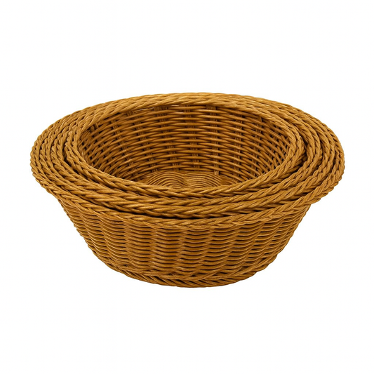3-Piece Handwoven Round Cane Bread Basket Set – Natural Brown Rattan Serving Baskets for Dining, Kitchen & Café Use