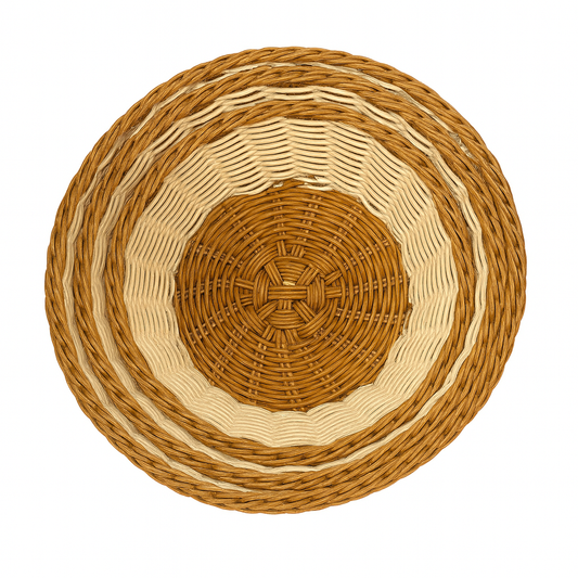 3-Piece Handwoven Round Cane Bread Basket Set – Dual-Tone Natural & Brown Rattan Serving Baskets for Dining, Kitchen & Restaurant Use