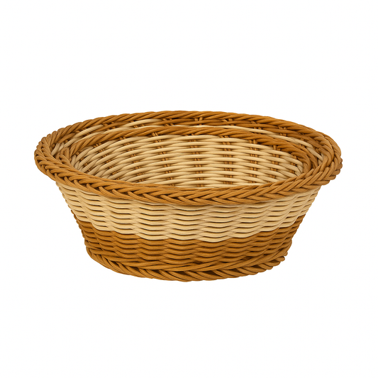 3-Piece Handwoven Round Cane Bread Basket Set – Dual-Tone Natural & Brown Rattan Serving Baskets for Dining, Kitchen & Restaurant Use