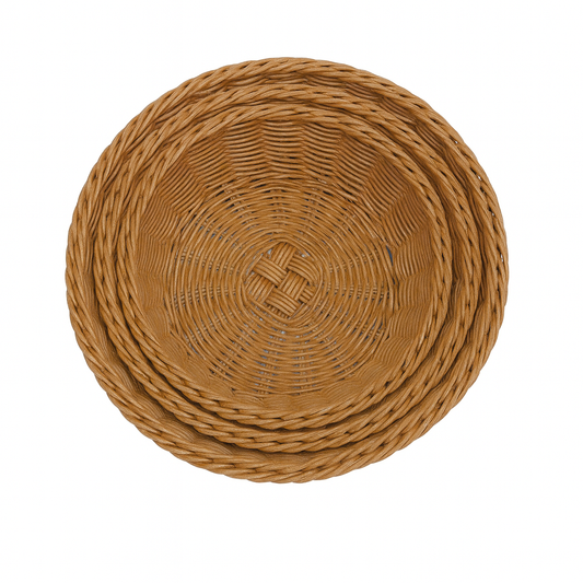 3-Piece Handwoven Round Cane Bread Basket Set – Natural Brown Rattan Serving Baskets for Dining, Kitchen & Café Use