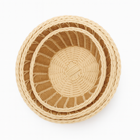 3-Piece Handwoven Round Cane Bread Basket Set – Natural Beige Rattan Serving Baskets for Dining, Kitchen & Restaurant Use