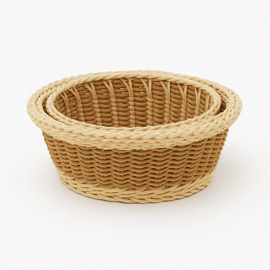 3-Piece Handwoven Round Cane Bread Basket Set – Natural Beige Rattan Serving Baskets for Dining, Kitchen & Restaurant Use