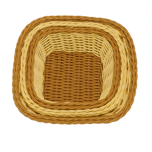 3-Piece Handwoven Rectangular Cane Bread Basket Set – Dual-Tone Natural & Brown Rattan Serving Baskets for Dining, Kitchen & Café
