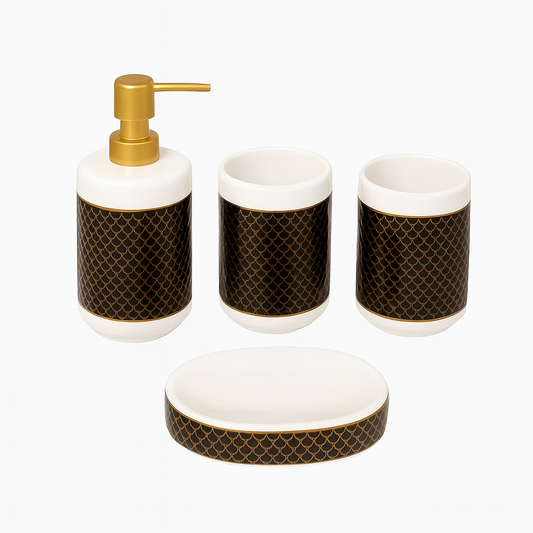 Luxury 4-Piece Ceramic Bathroom Set with Textured Black & Gold Detailing | Soap Dispenser, Toothbrush Holder, Tumbler & Soap Dish