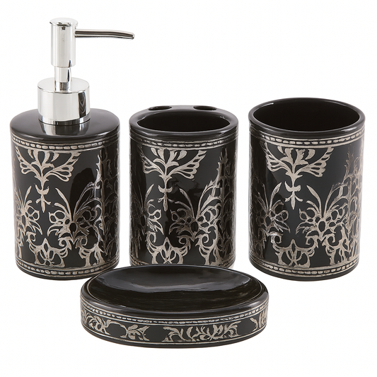 Luxury 4-Piece Black Ceramic Bathroom Set with Silver & Golden Detailing | Soap Dispenser, Toothbrush Holder, Tumbler & Soap Dish