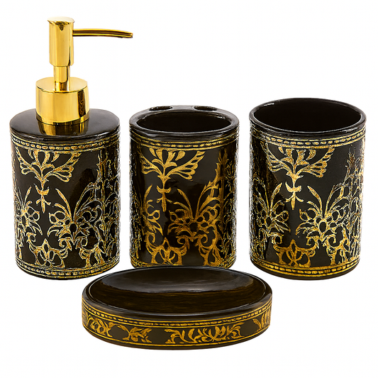 Luxury 4-Piece Black Ceramic Bathroom Set with Silver & Golden Detailing | Soap Dispenser, Toothbrush Holder, Tumbler & Soap Dish