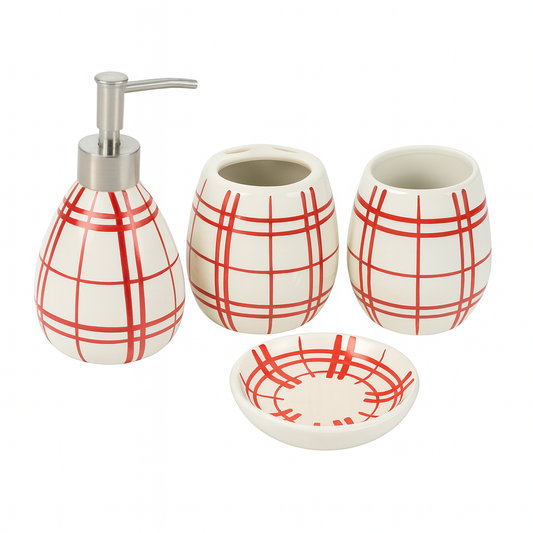 4-Piece Ceramic Bath Set – Black & White Plaid Design | Elegant Bathroom Accessories Set