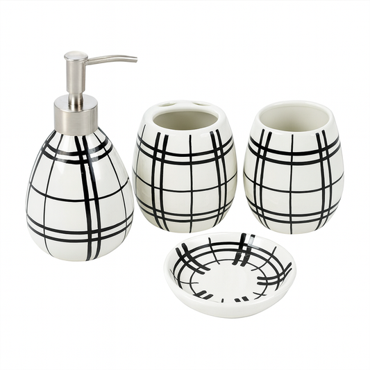 4-Piece Ceramic Bath Set – Black & White Plaid Design | Elegant Bathroom Accessories Set