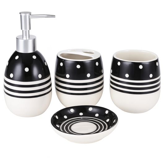 4-Piece Ceramic Bath Set – Black & White Stripe Design | Modern Bathroom Accessory Set