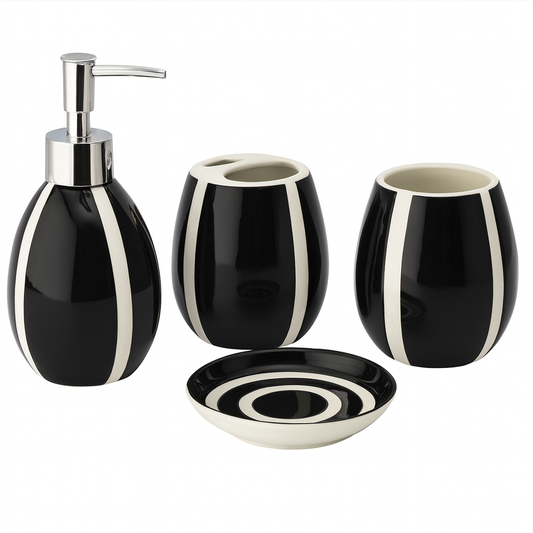 4-Piece Ceramic Bath Set – Glossy Black with White Stripes | Contemporary Bathroom Accessories