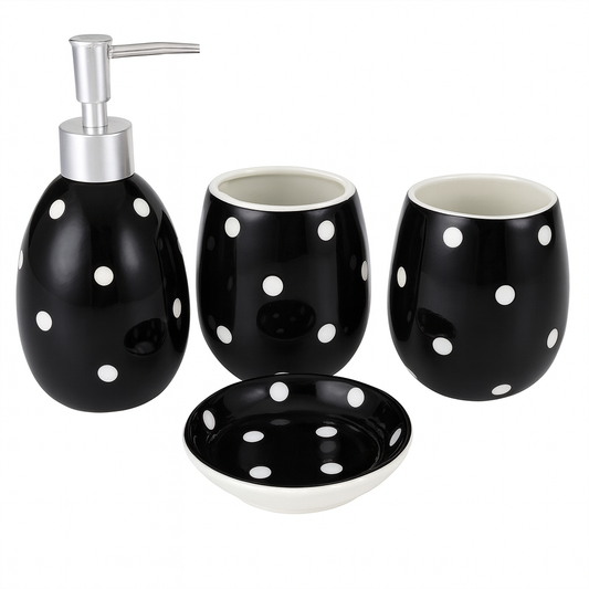 4-Piece Ceramic Bath Set – Polka Dot Design in Black & Red | Elegant Bathroom Accessories