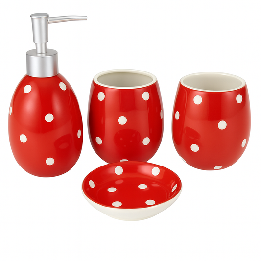 4-Piece Ceramic Bath Set – Polka Dot Design in Black & Red | Elegant Bathroom Accessories