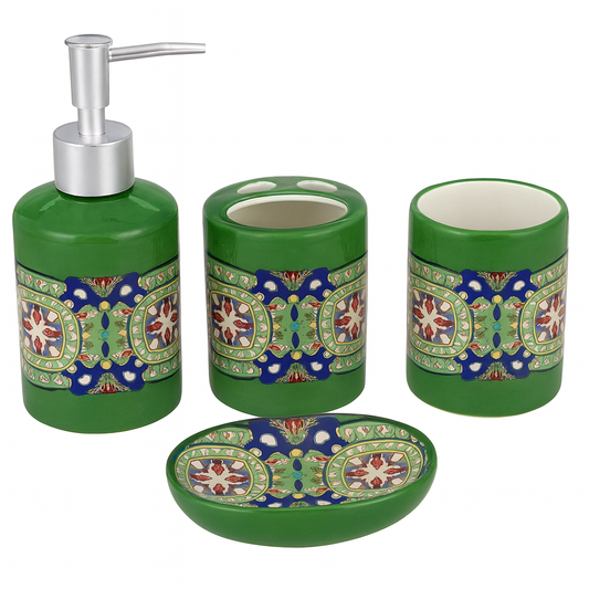 4-Piece Ceramic Bath Set – Floral Mosaic Design in Green & Pink | Elegant Bathroom Accessory Set