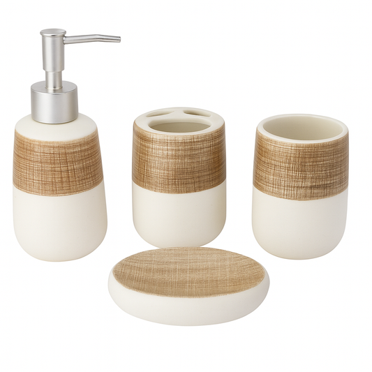 4-Piece Ceramic & Bamboo Bathroom Accessory Set – Soap Dispenser, Toothbrush Holder, Tumbler & Soap Dish