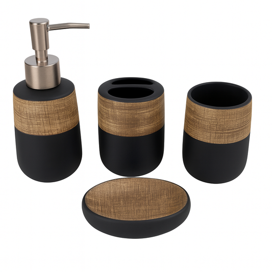 4-Piece Matte Black Ceramic & Bamboo Bathroom Accessory Set – Soap Dispenser, Toothbrush Holder, Tumbler & Soap Dish