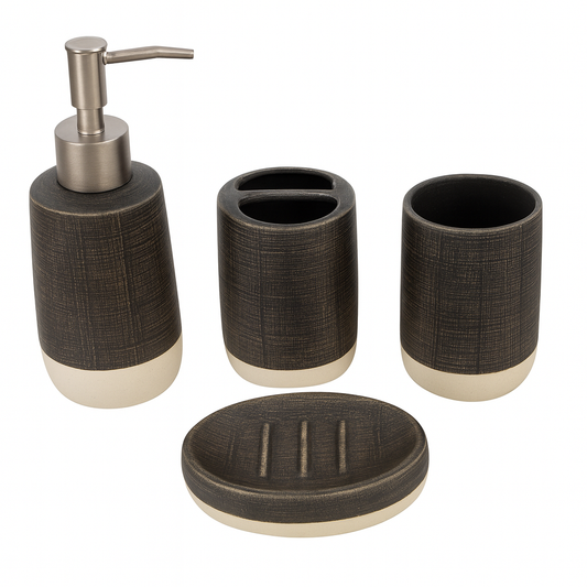 4-Piece Brown Ceramic Bathroom Accessory Set – Modern Soap Dispenser, Toothbrush Holder, Tumbler & Soap Dish