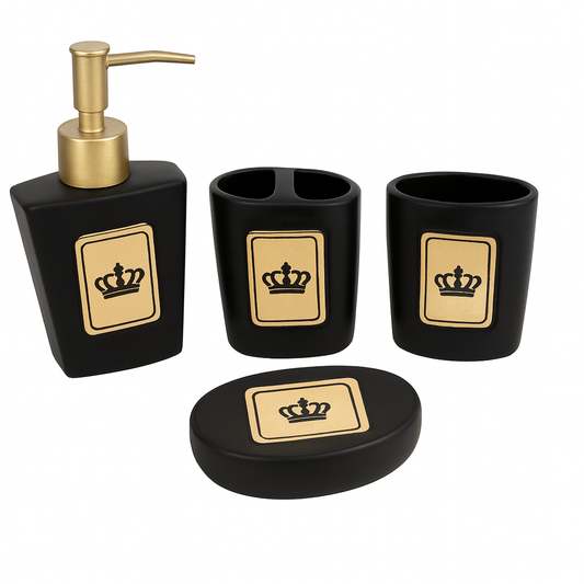 4-Piece Luxury Bathroom Accessory Set – Black & White Ceramic Collection with Gold Accents (Soap Dispenser, Toothbrush Holder, Tumbler & Soap Dish)