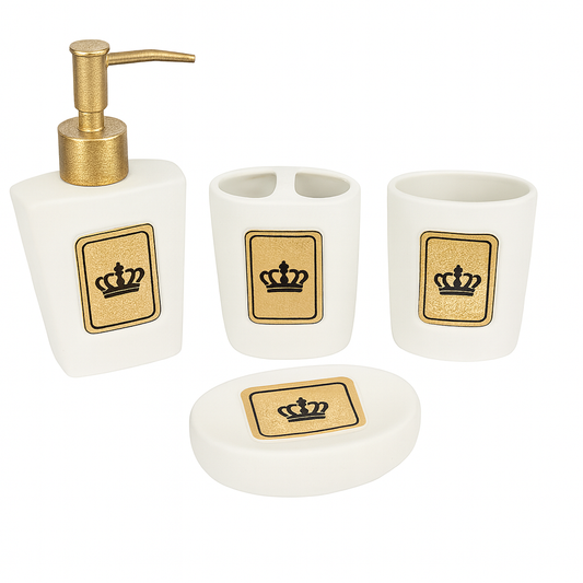 4-Piece Luxury Bathroom Accessory Set – Black & White Ceramic Collection with Gold Accents (Soap Dispenser, Toothbrush Holder, Tumbler & Soap Dish)